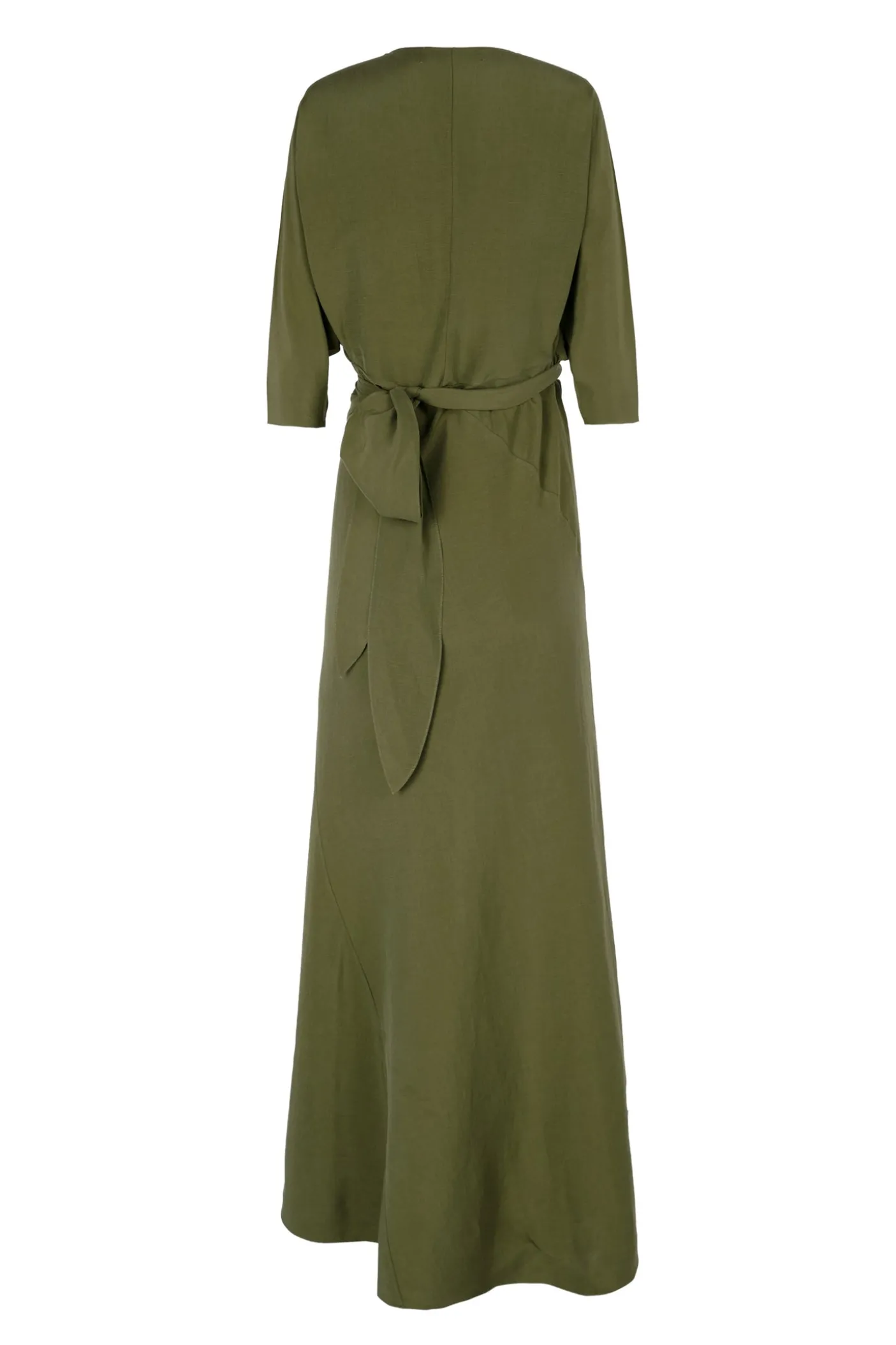 Tanami, long dress in jungle green linen and silk