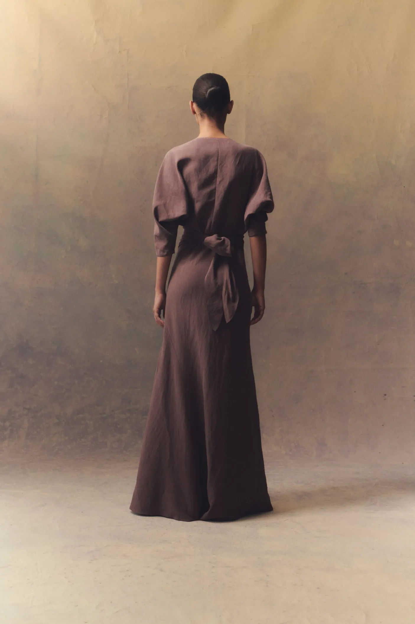 Tanami, long dress in jungle green linen and silk
