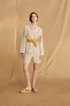 Tilo, gray and brown striped shorts